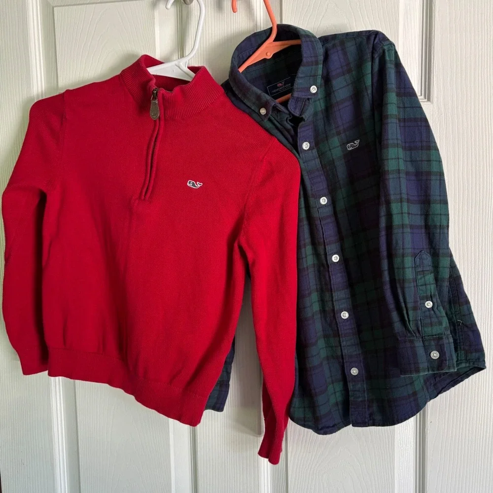 Vineyard Vines Boys Sweater & Shirt Bundle Size 7 Red Plaid Flannel Pullover